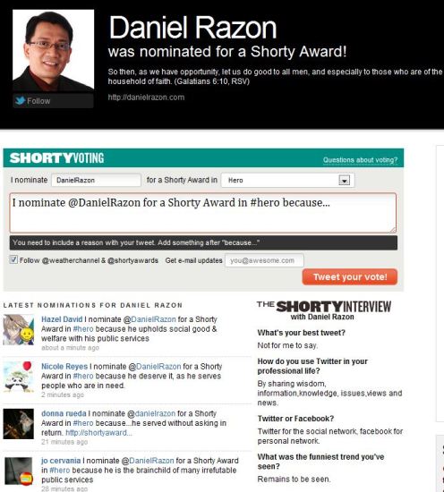 Daniel Razon, Hero, Shorty Awards, Public Service